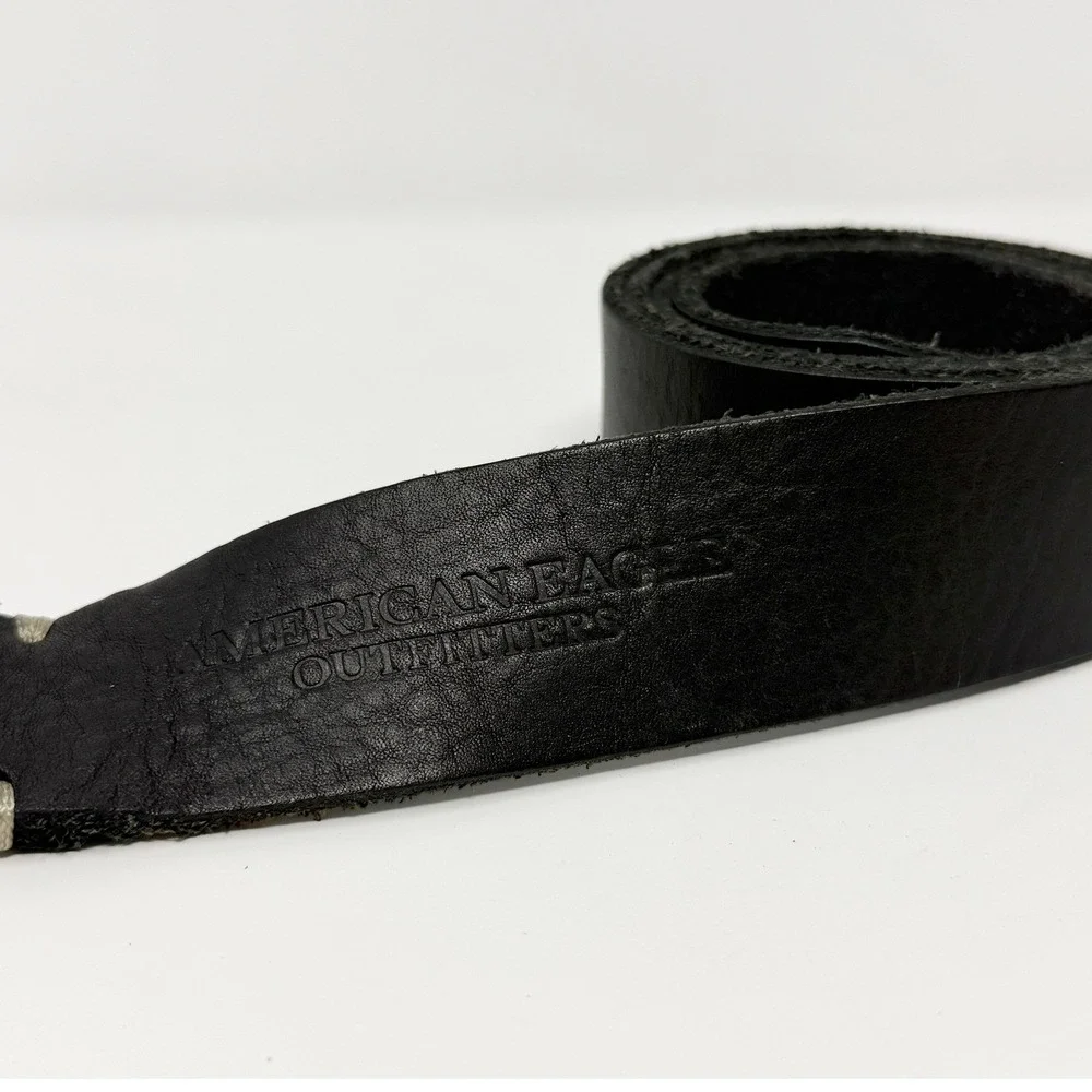 American Eagle Belt Mens 37 Black Leather Buckle VTG Rugged Eagle‎ Logo Y2K